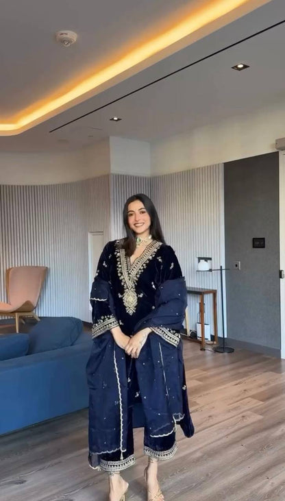 Premium Visocs Velvet Thread–Sequence Embroidered Suit Set