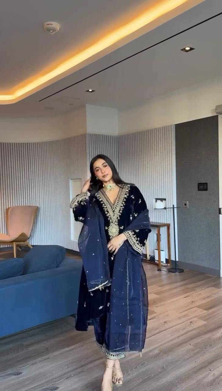 Premium Visocs Velvet Thread–Sequence Embroidered Suit Set