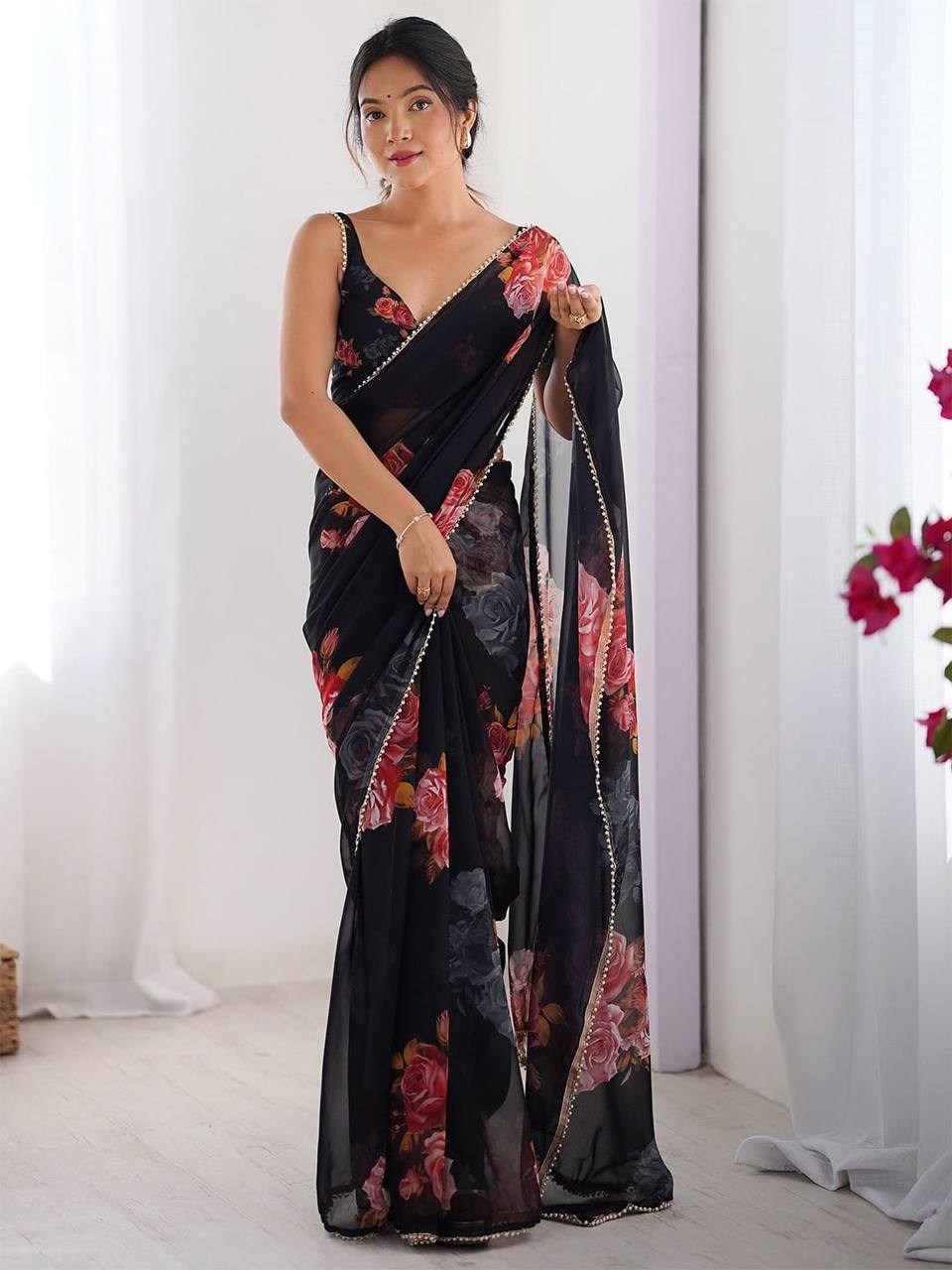 Georgette Silk Printed Saree with Moti Lace Border