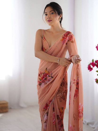 Georgette Silk Printed Saree with Moti Lace Border