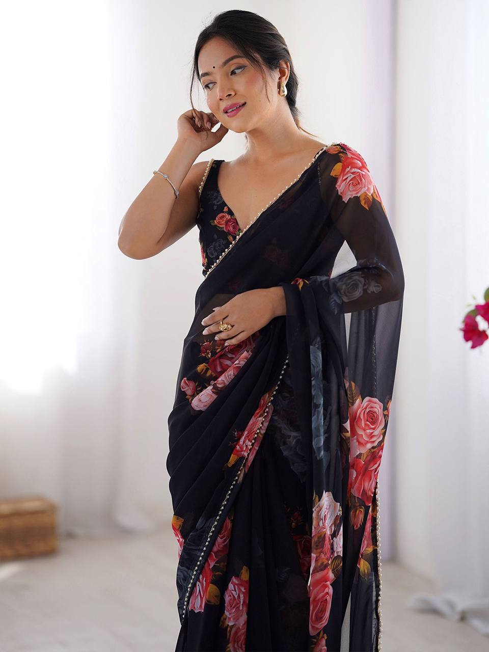 Georgette Silk Printed Saree with Moti Lace Border