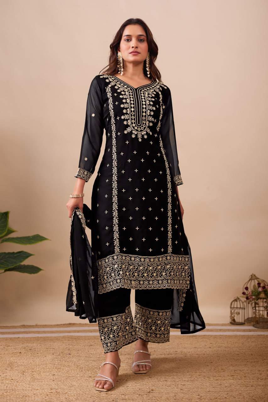 Faux Georgette Sequence Embroidery Work Kurti Set
