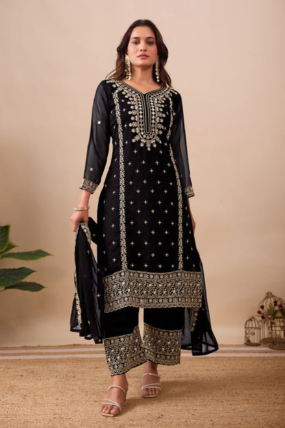 Faux Georgette Sequence Embroidery Work Kurti Set