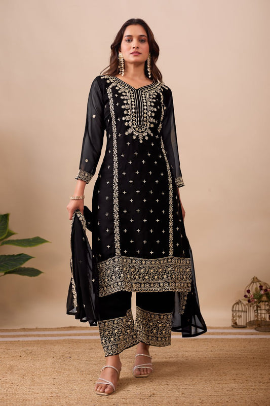 Faux Georgette Sequence Embroidery Work Kurti Set
