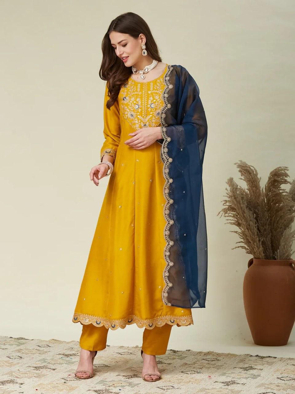 Elegant Anarkali Kurti Pant Set with Embroidered Dupatta