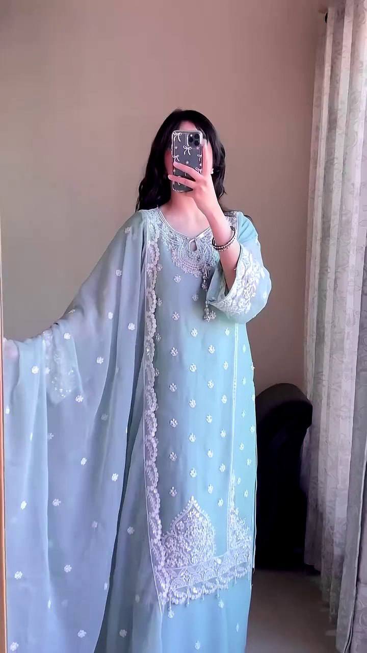 Royal Sequence Embroidery Work Faux Georgette Kurti Set