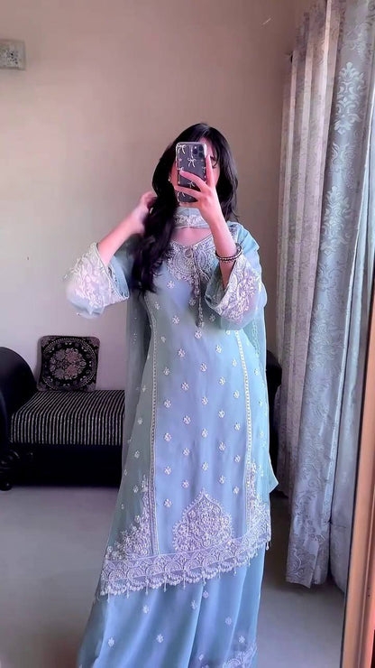 Royal Sequence Embroidery Work Faux Georgette Kurti Set