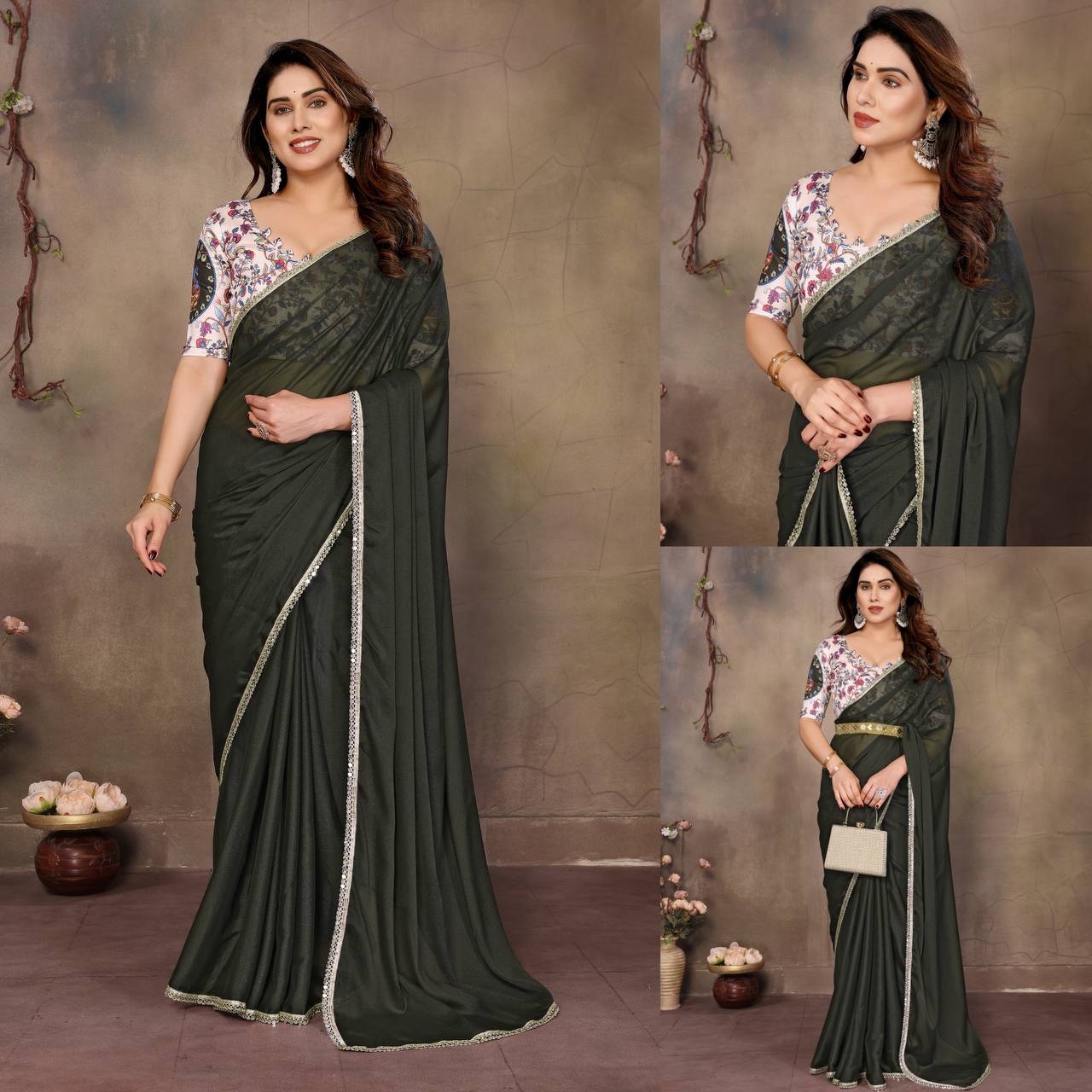 SilkGlam Solid Mirror Border Saree