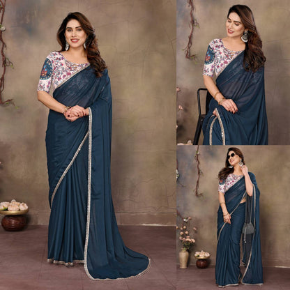 SilkGlam Solid Mirror Border Saree