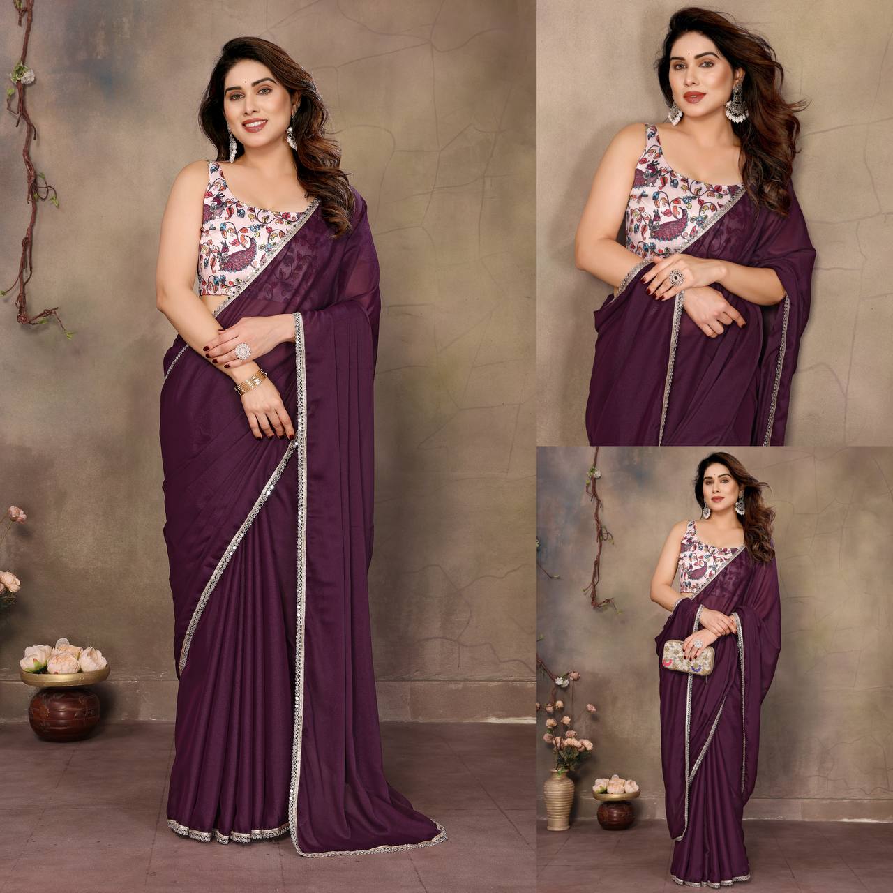 SilkGlam Solid Mirror Border Saree
