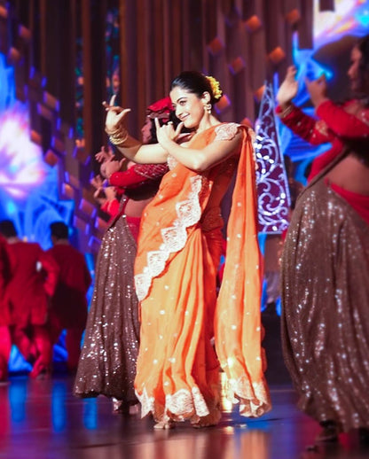 Bollywood Style Orange Designer Saree With Embroidered Broder