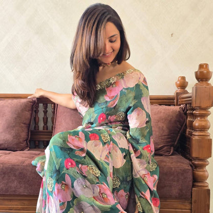 Elegant Floral Print Tebby Silk Saree with Katdana and Pearl Handwork