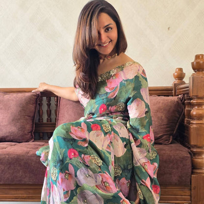 Elegant Floral Print Tebby Silk Saree with Katdana and Pearl Handwork