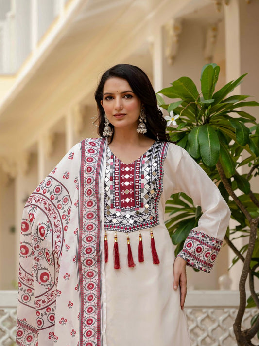 Trendy Mirror Work Maslin Kurti Set