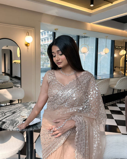 Beige Sparkle Premium Butterfly Net Saree