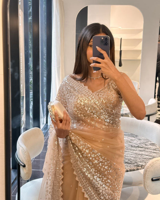 Beige Sparkle Premium Butterfly Net Saree