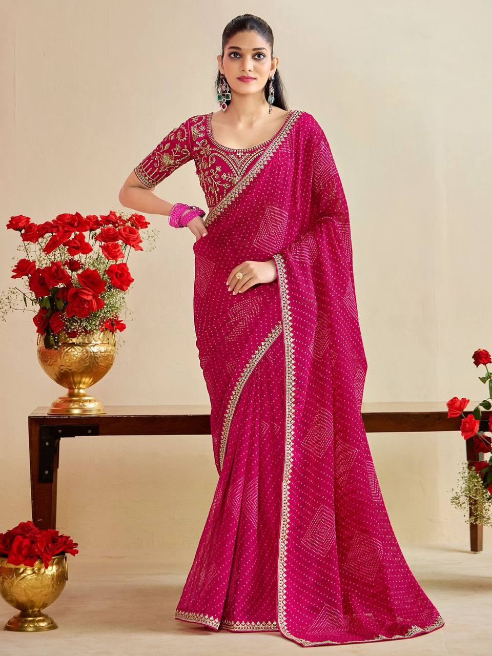 New Moss Chiffon Silk Bandhani Saree,