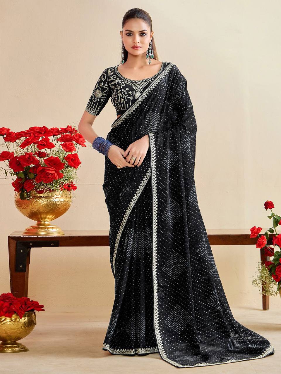 New Moss Chiffon Silk Bandhani Saree,