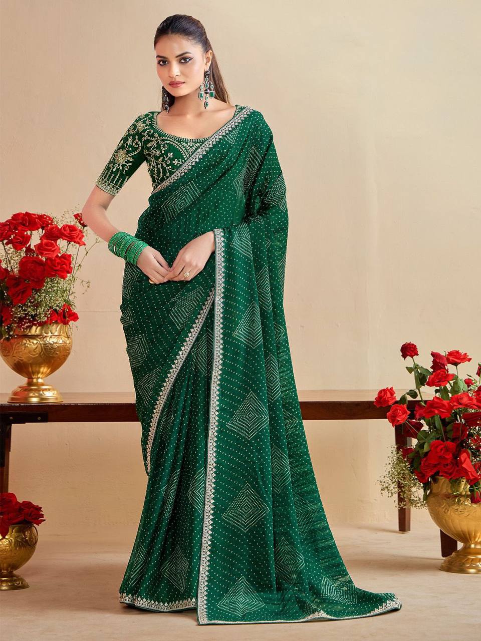 New Moss Chiffon Silk Bandhani Saree,