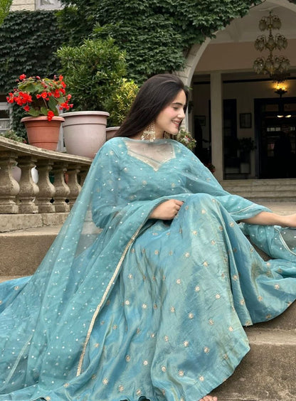 Light Blue Barbary Silk Designer Kurti With Embroidered Dupatta