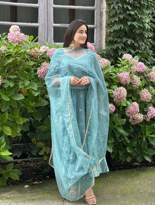 Light Blue Barbary Silk Designer Kurti With Embroidered Dupatta