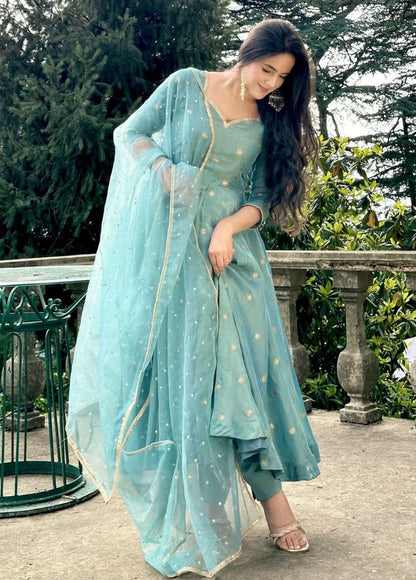 Light Blue Barbary Silk Designer Kurti With Embroidered Dupatta