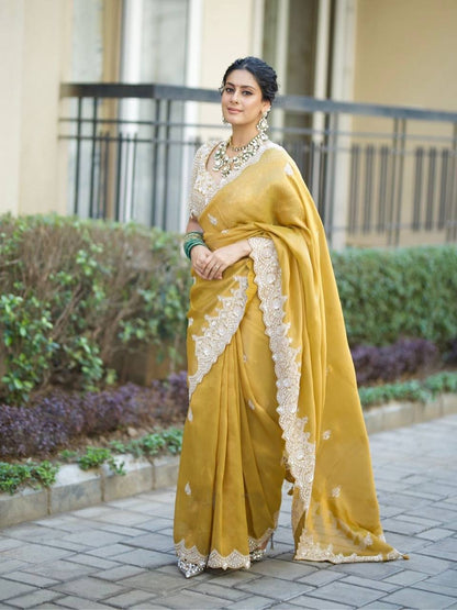 Yellow Soft Tebby Silk Saree Embroidery Border