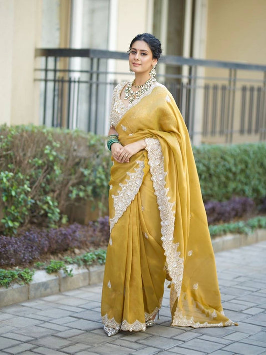 Yellow Soft Tebby Silk Saree Embroidery Border