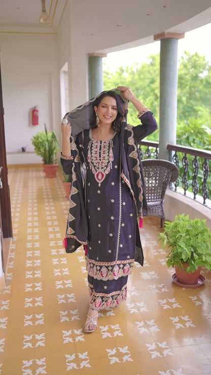 Designer Embroidery Sequence Work Silk Kurti Set